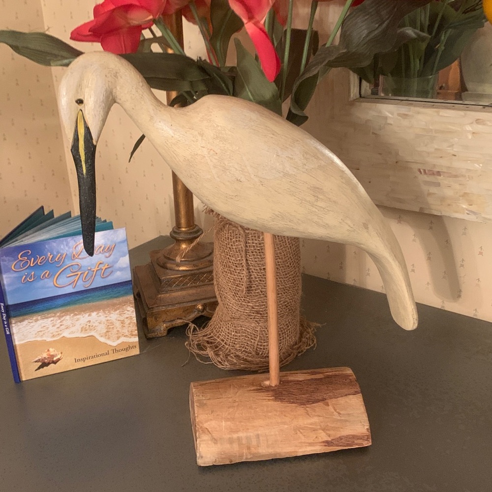 Hand carved WOOD, WHITE HERON-CRANE. BLACK with YELLOW on beak, 15 inches tall.